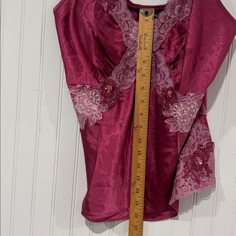 Bisou Bisou Vintage Camisole -Sz 12-Fairy Mermaidcore Satin Lace Beaded Top Y2K - Picture 9 of 12